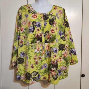 Plus 26W Roaman’s Bright Multicolor Floral Tropical Aloha 3/4 Sleeve Blouse